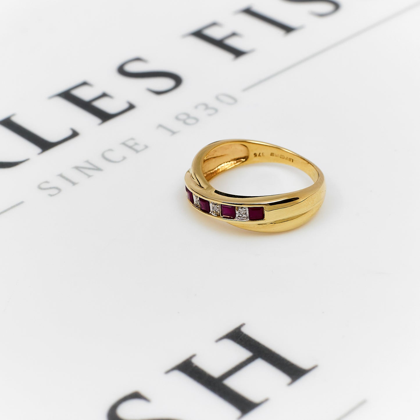 Pre-Owned 9ct Gold Diamond & Red Stone Crossover Ring Size N