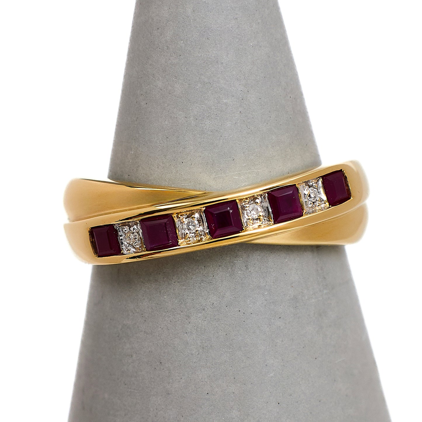 Pre-Owned 9ct Gold Diamond & Red Stone Crossover Ring Size N
