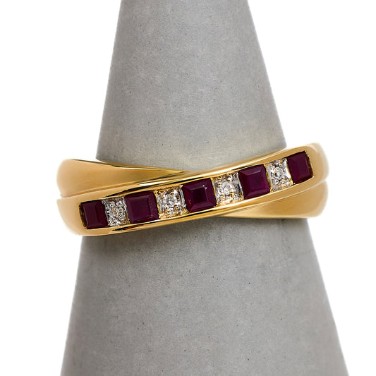 Pre-Owned 9ct Gold Diamond & Red Stone Crossover Ring Size N
