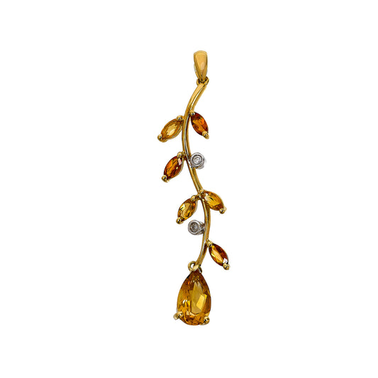 Pre-Owned 9ct Diamond & Citrine Leaf Design Drop Pendant