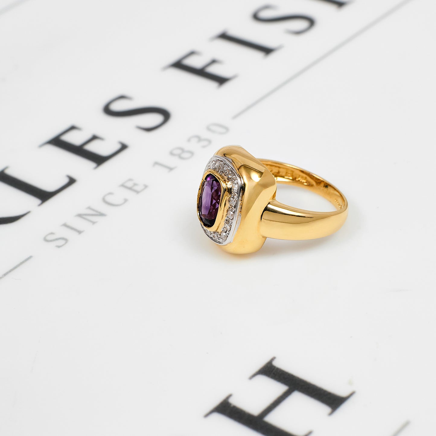 Pre-Owned 14ct Gold Amethyst & Diamond Cluster Ring Size M.5