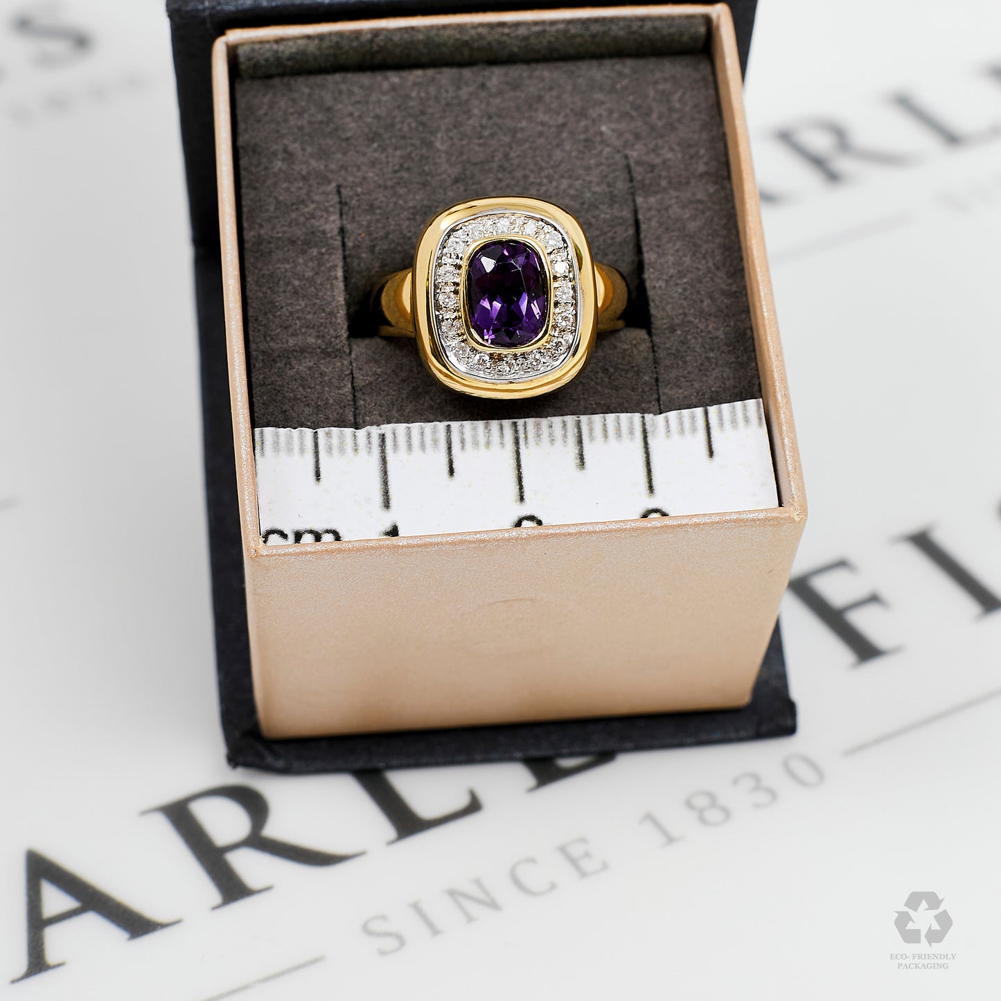 Pre-Owned 14ct Gold Amethyst & Diamond Cluster Ring Size M.5