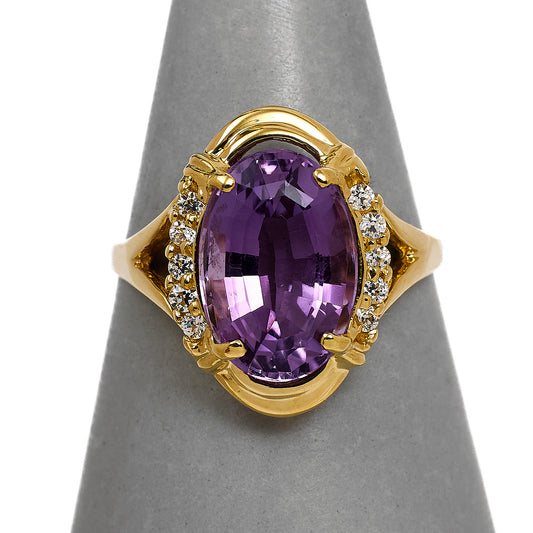 Pre-Owned 14ct Gold Oval Amethyst & White Zircon Ring Size Y