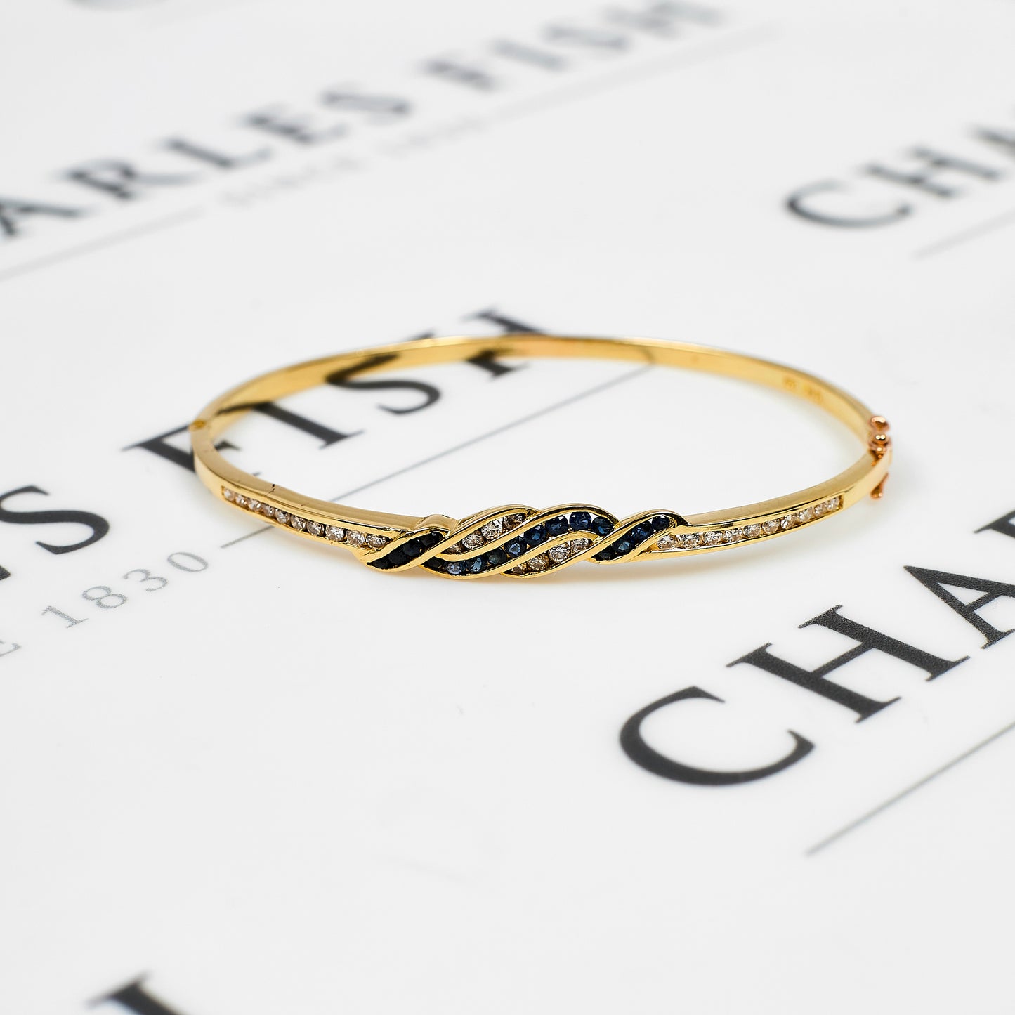 Pre-Owned 14ct Gold Sapphire & Diamond Hinged Bangle