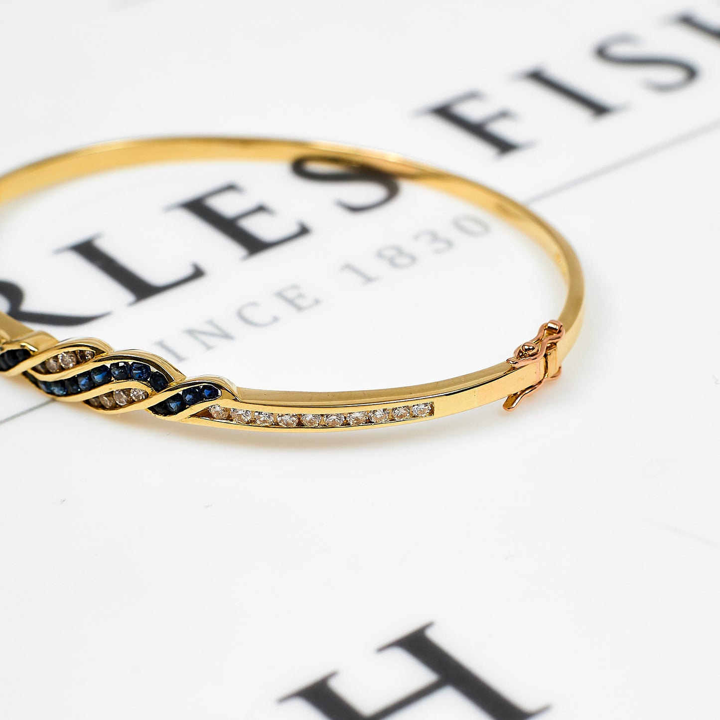 Pre-Owned 14ct Gold Sapphire & Diamond Hinged Bangle
