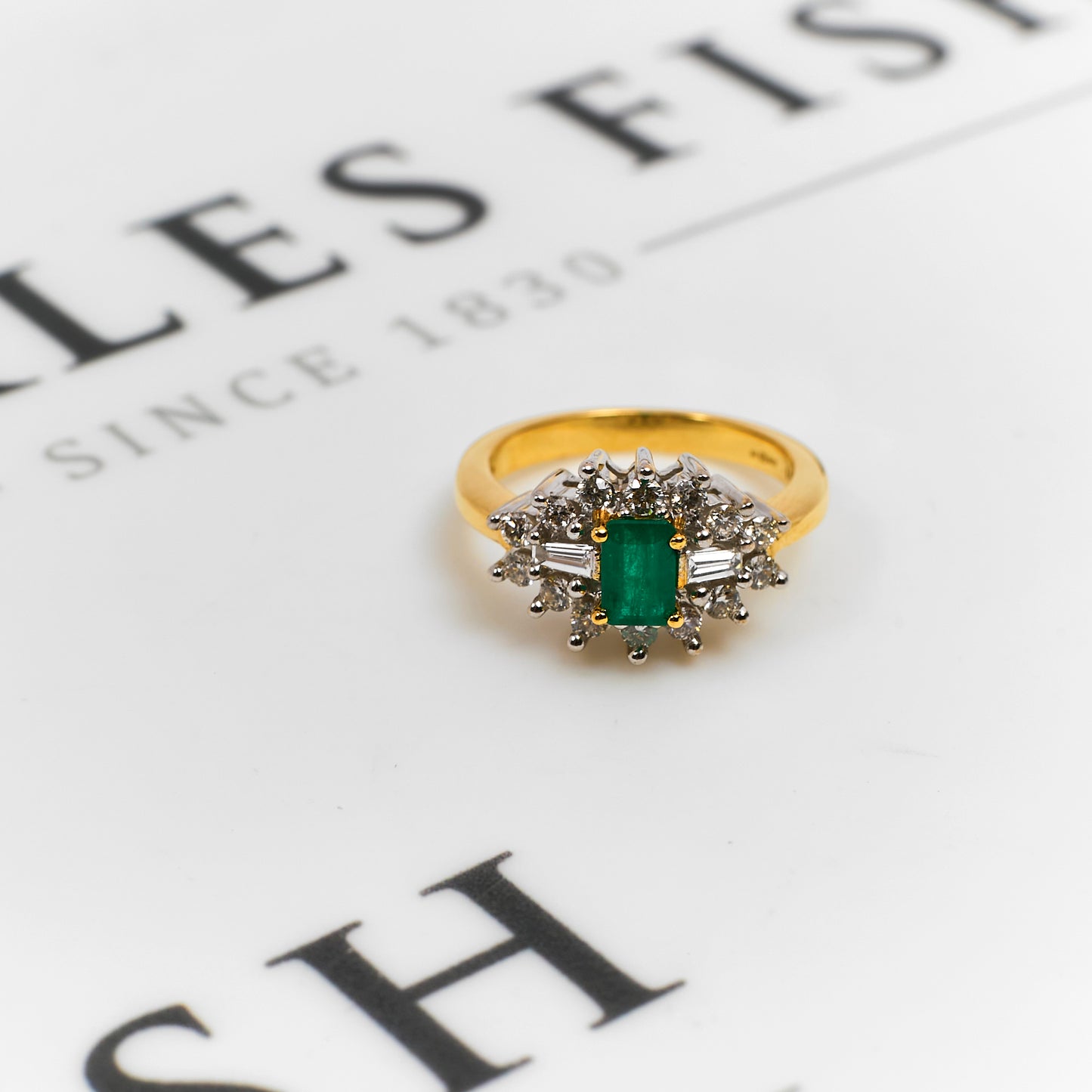 Pre-Owned 18ct Gold Rectangle Emerald & Diamond Cluster Ring