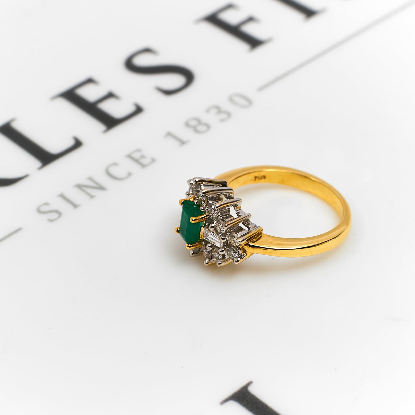 Pre-Owned 18ct Gold Rectangle Emerald & Diamond Cluster Ring