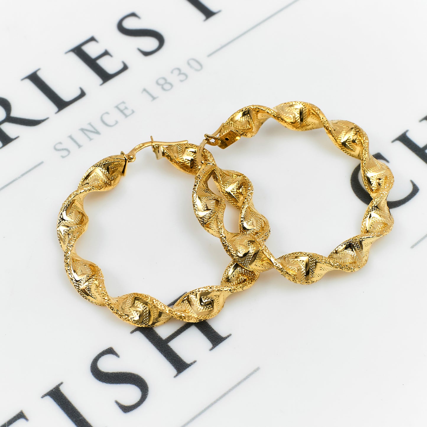 Pre-Owned 18ct Gold Greek Key Twist Creole Hoop Earrings