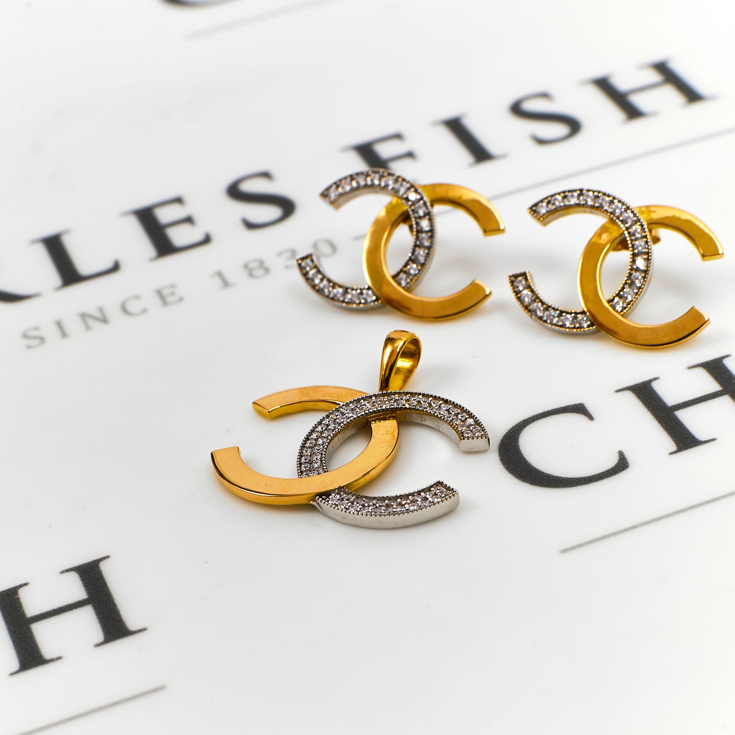 Pre-Owned 18ct Gold 2 Tone CZ Interlocking C Jewellery SET