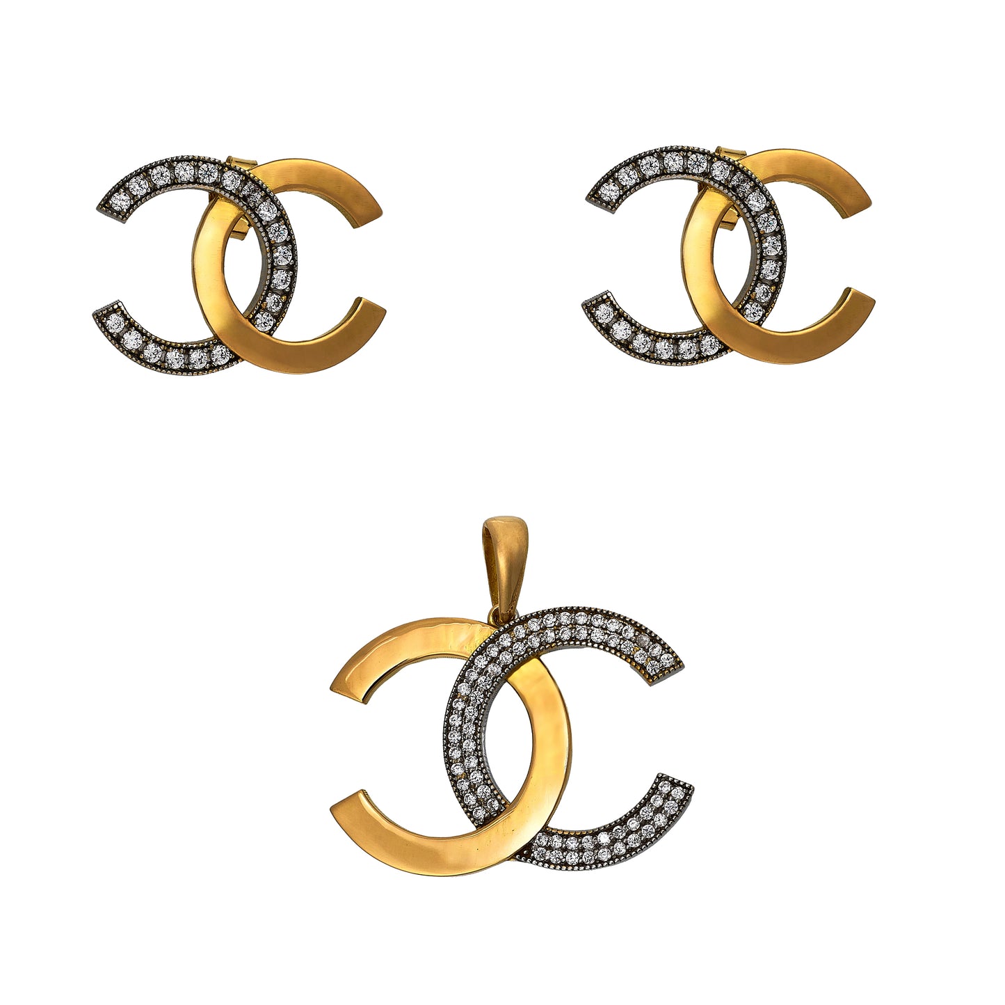 Pre-Owned 18ct Gold 2 Tone CZ Interlocking C Jewellery SET