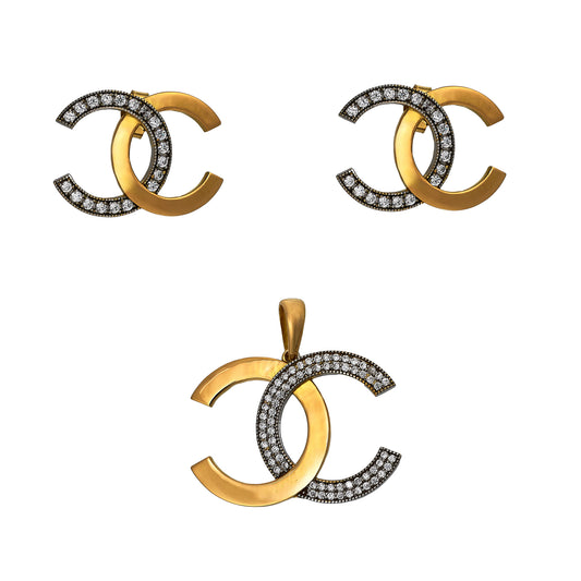 Pre-Owned 18ct Gold 2 Tone CZ Interlocking C Jewellery SET