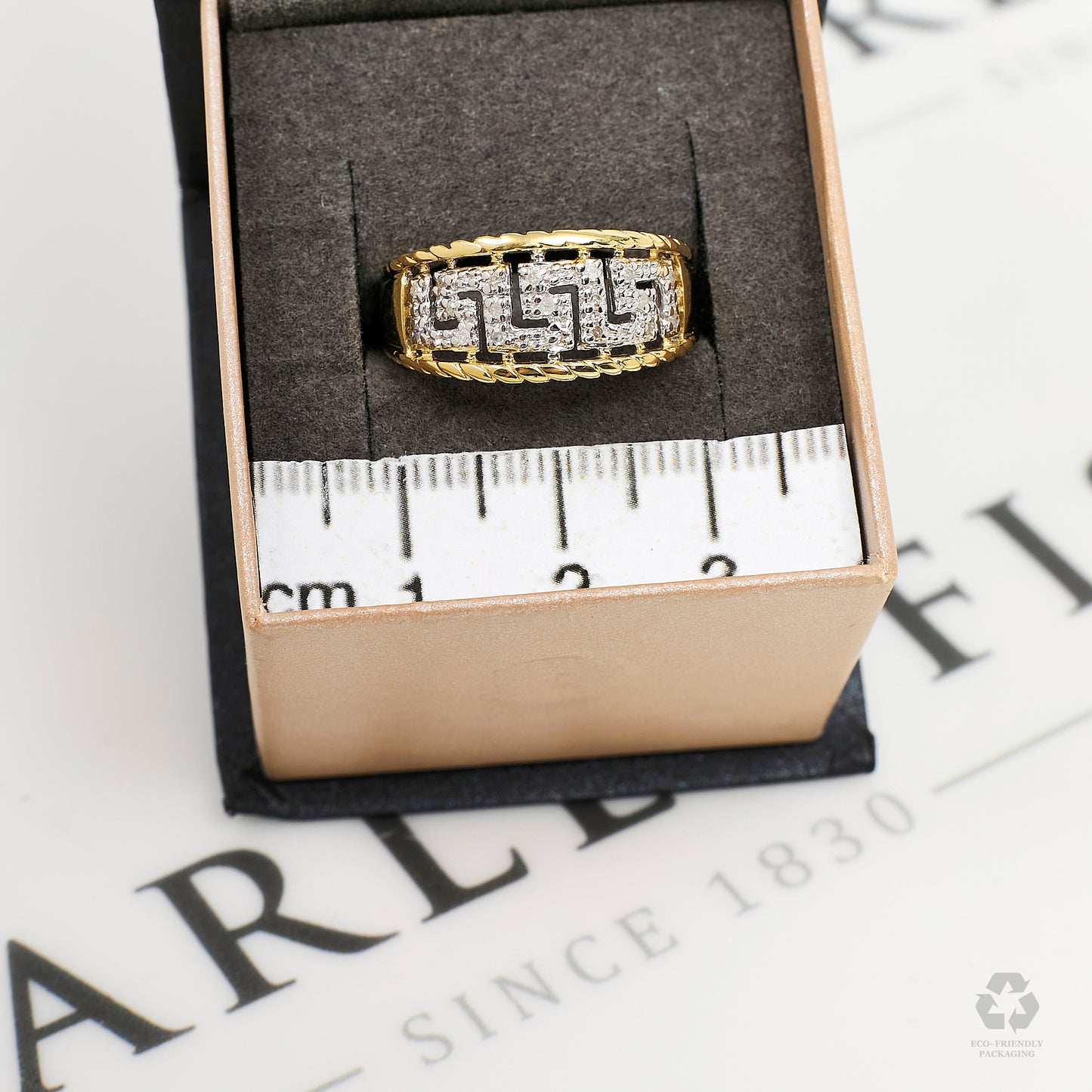 Pre-Owned 9ct Gold Diamond Greek Key Design Ring Size P