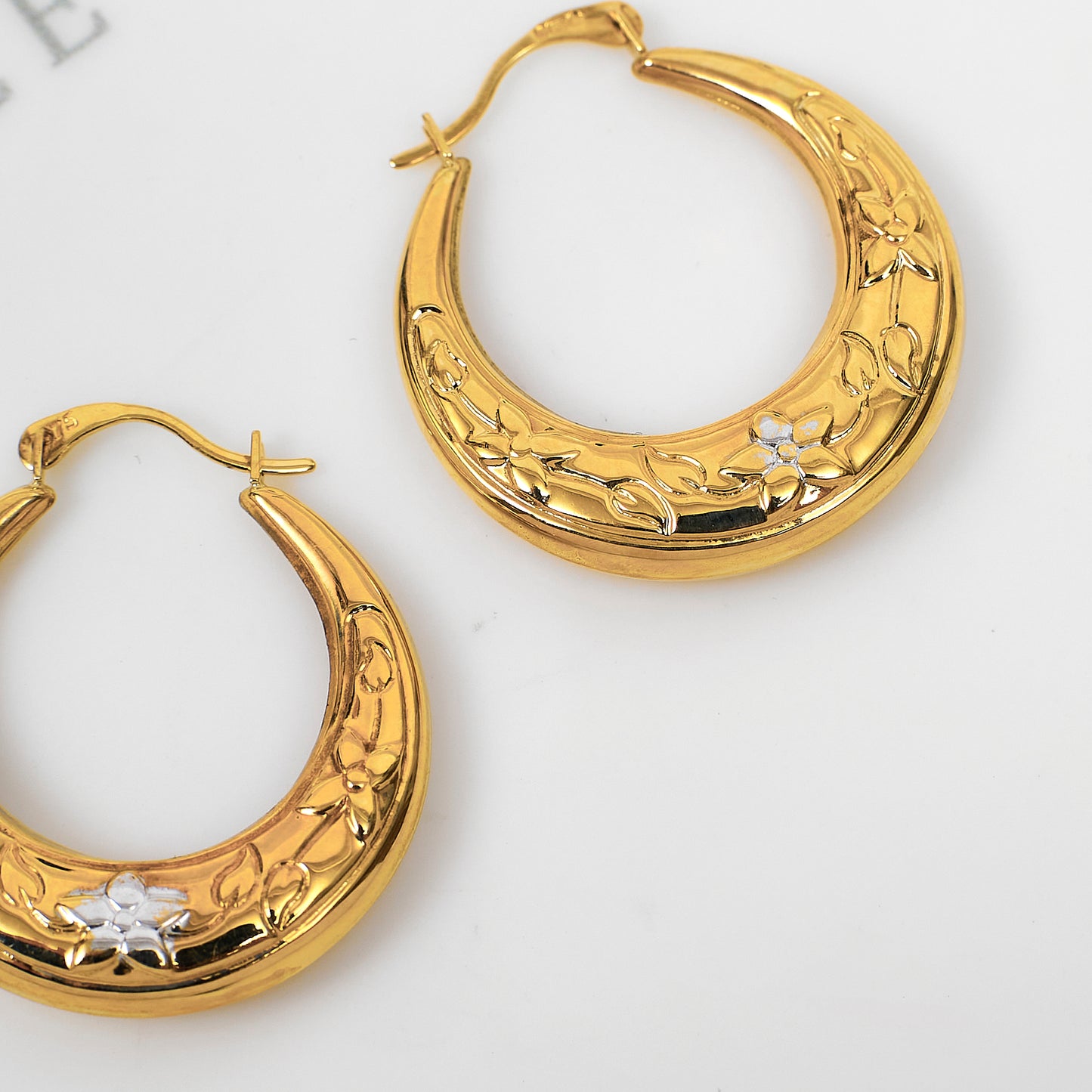 Pre-Owned 9ct Gold Flower Pattern Creole Hoop Earrings