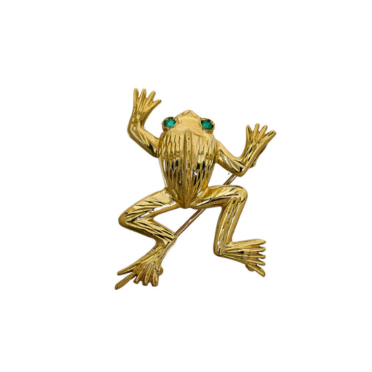 Pre-Owned 9ct Gold Emerald Eyes Frog Brooch