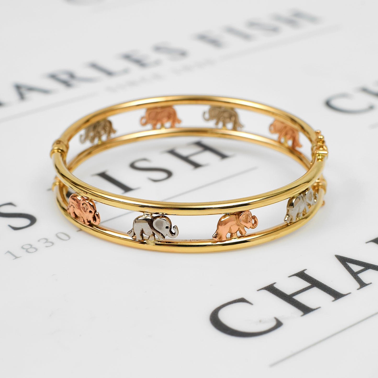 Pre-Owned 9ct Gold Tricolor Elephant Design Hinged Bangle