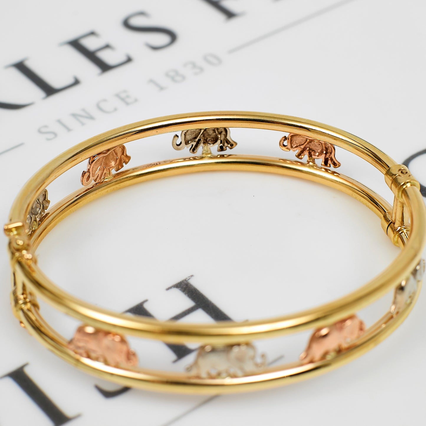 Pre-Owned 9ct Gold Tricolor Elephant Design Hinged Bangle