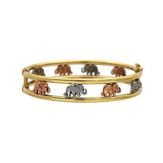Pre-Owned 9ct Gold Tricolor Elephant Design Hinged Bangle
