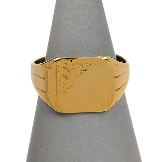 Pre-Owned 9ct Gold Corner Pattern Square Signet Ring Size S