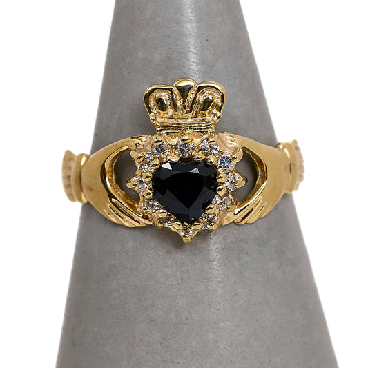 Pre-Owned 9ct Gold Sapphire & CZ Claddagh Ring Size N