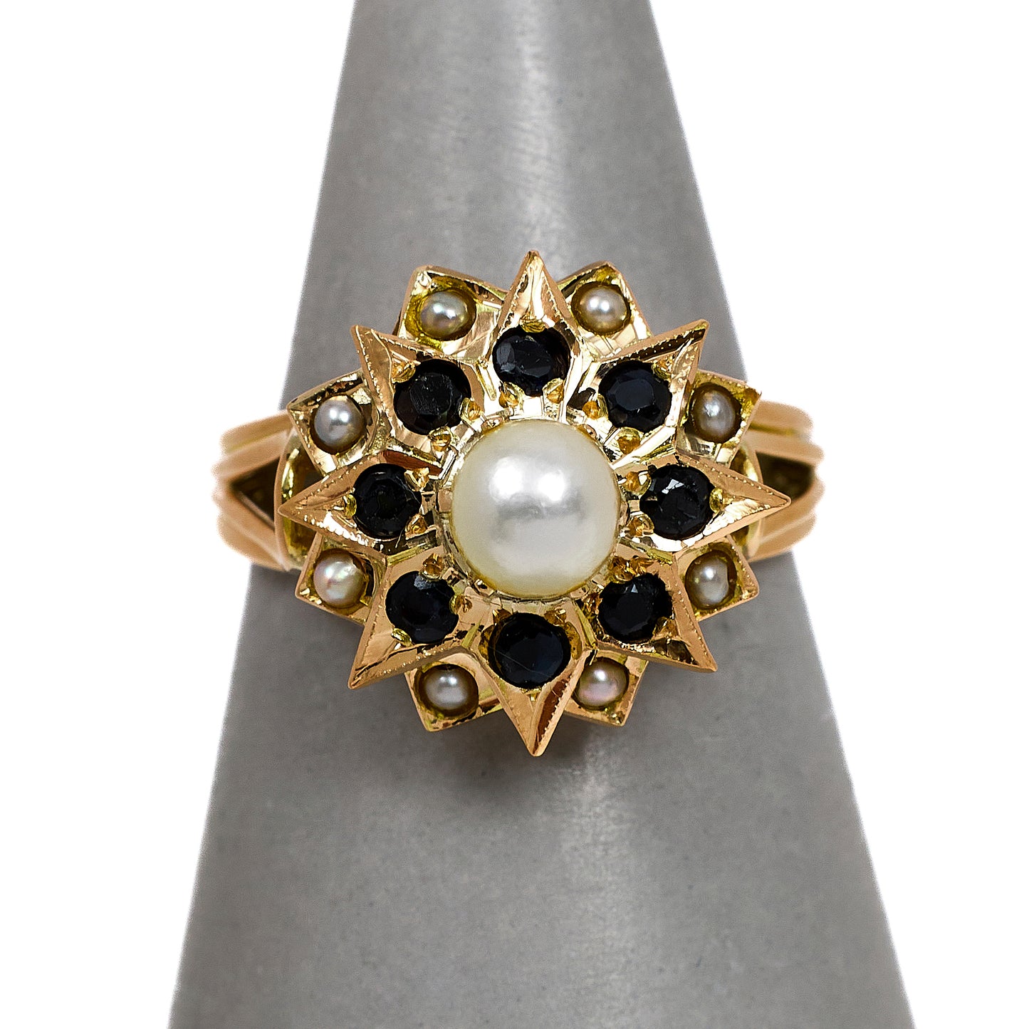 Pre-Owned 14ct Cultured & Seed Pearl & Sapphire Cluster Ring