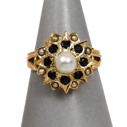 Pre-Owned 14ct Cultured & Seed Pearl & Sapphire Cluster Ring
