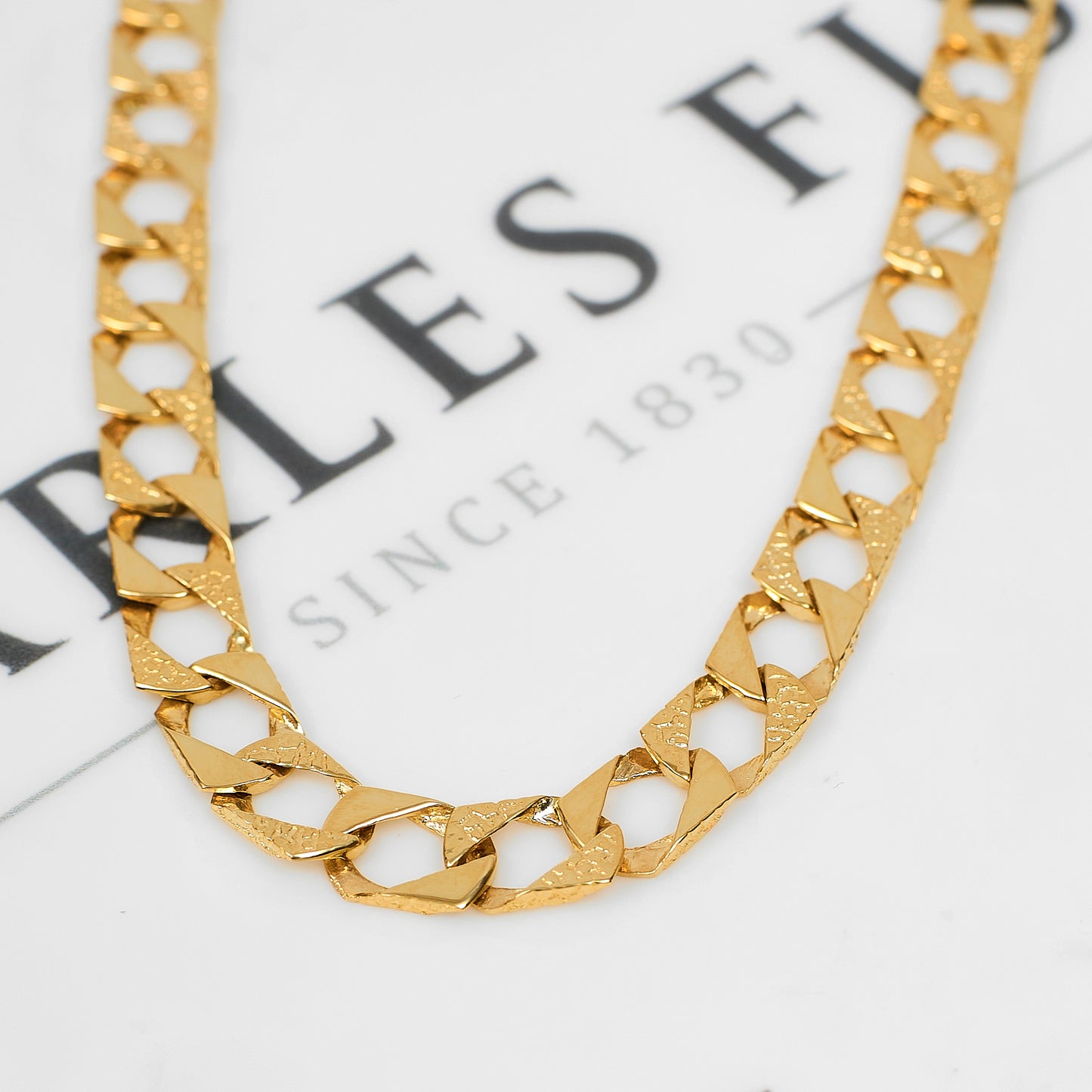 Pre-Owned 9ct Gold Polish & Bark Texture Curb Chain Necklace 16 Inch