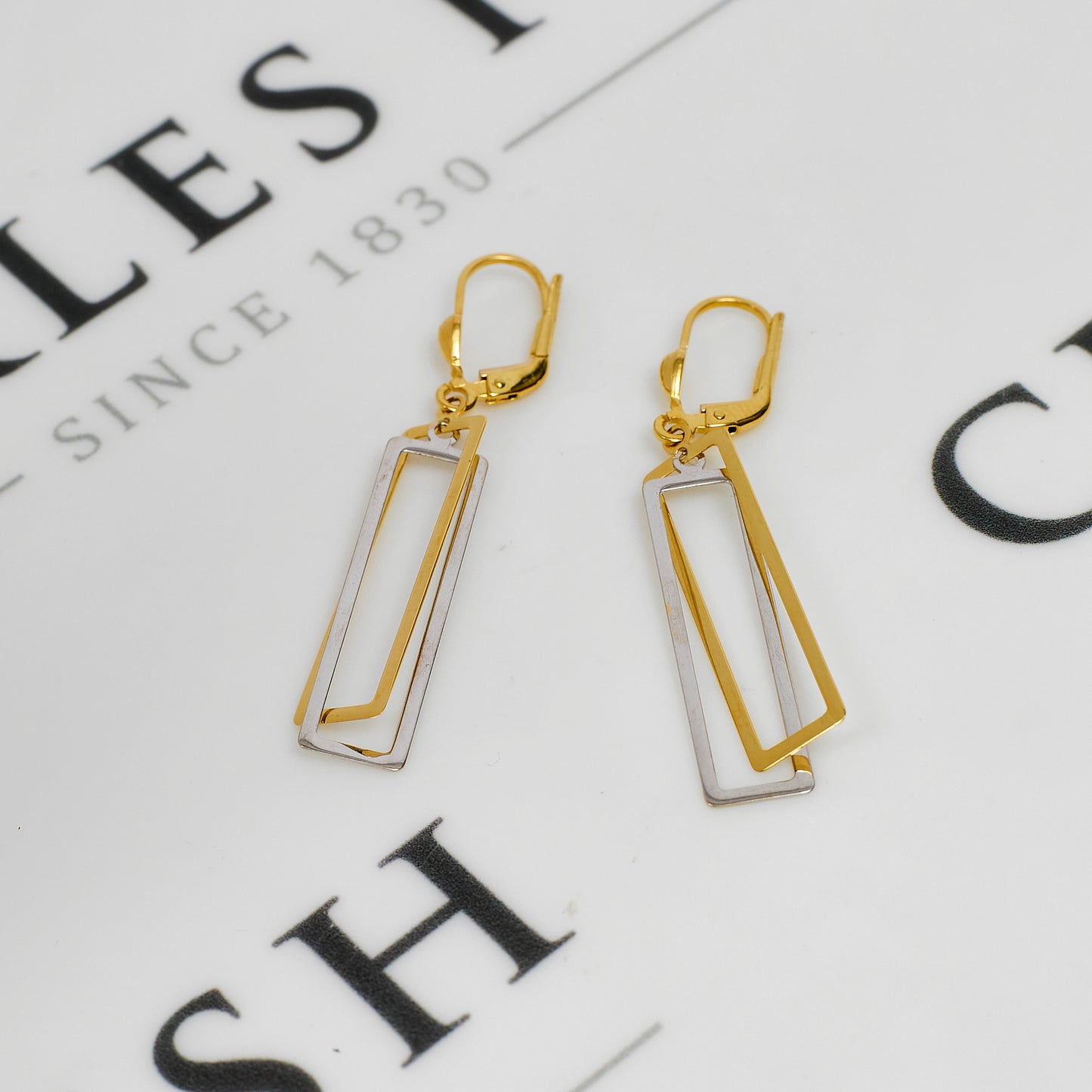 Pre-Owned 14ct Gold 2 Tone Rectangle Drop Earrings