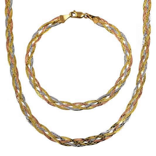 Pre-Owned 9ct Gold Tricolor Plait Design Jewellery SET