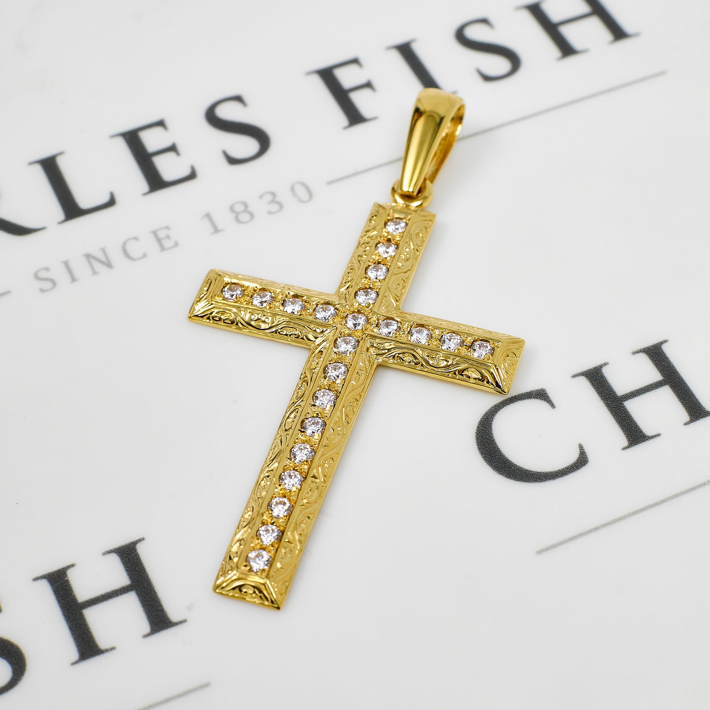 Pre-Owned 9ct Gold CZ Cross Pendant Oversized