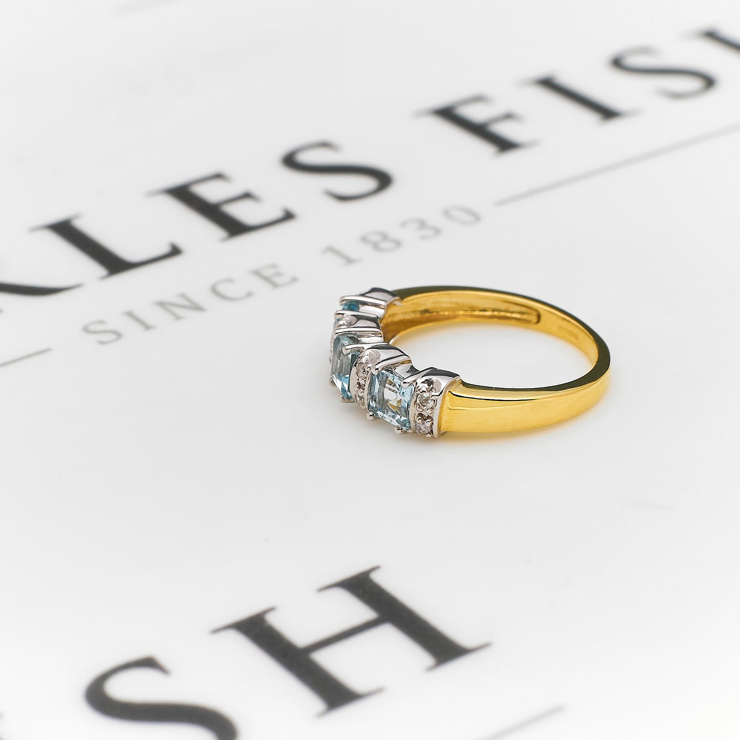 Pre-Owned 9ct Gold Square Aquamarine & Diamond Ring Size P