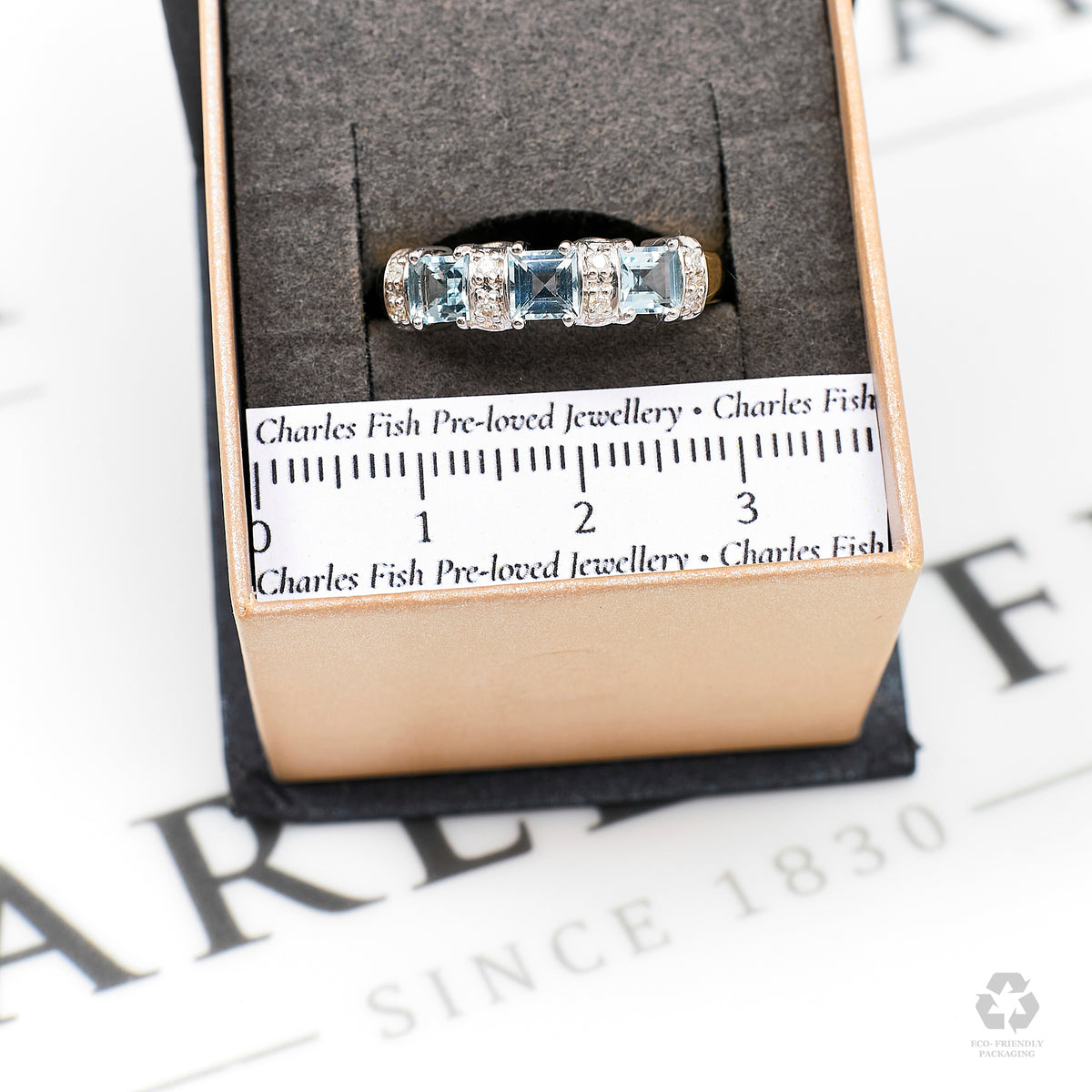Pre-Owned 9ct Gold Square Aquamarine & Diamond Ring Size P
