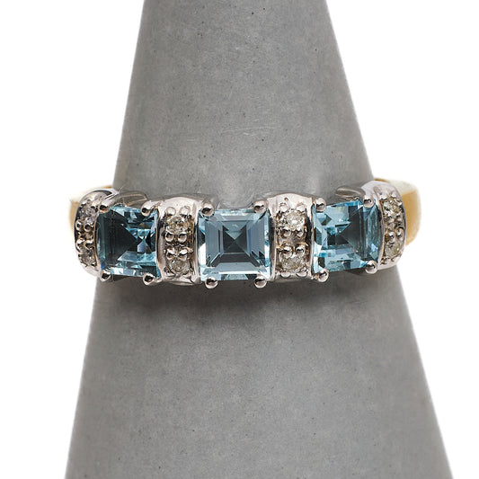 Pre-Owned 9ct Gold Square Aquamarine & Diamond Ring Size P