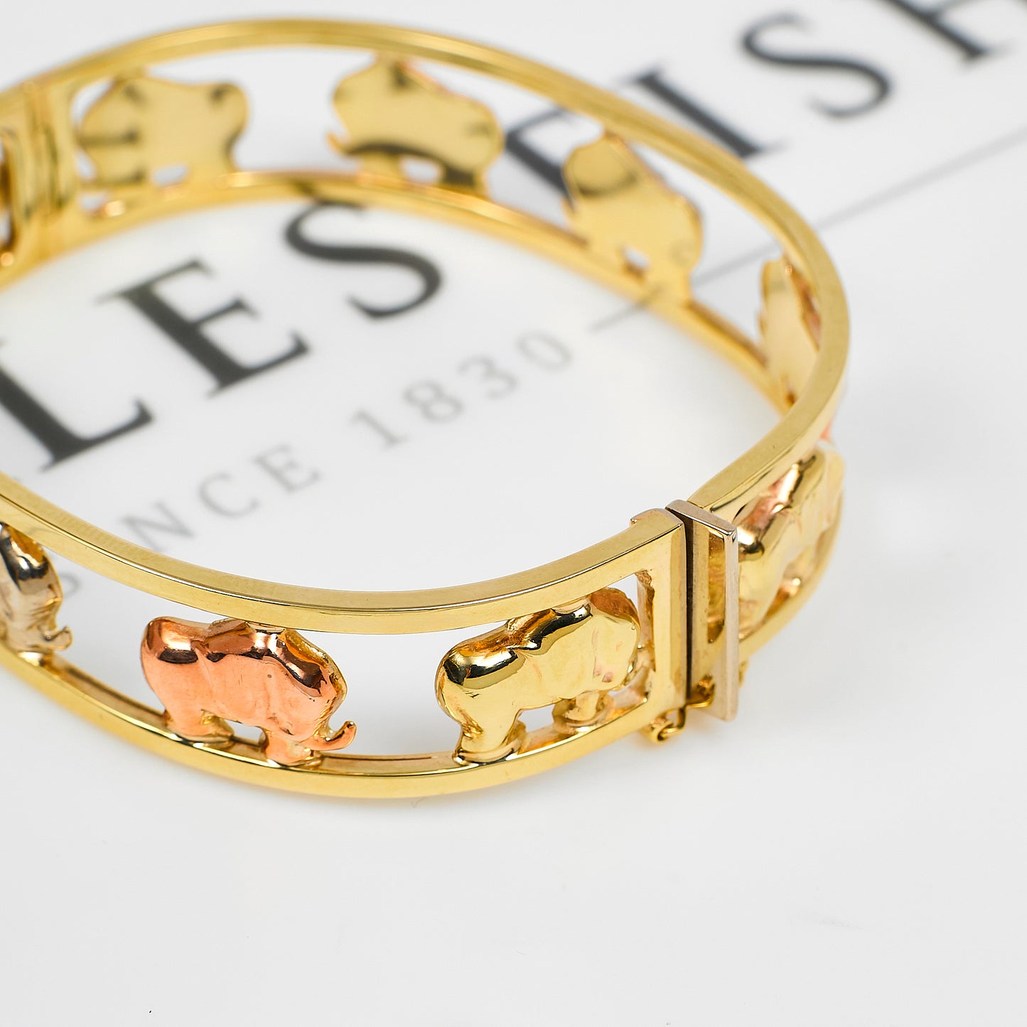Pre-Owned 9ct Gold Tricolor Elephant Design Hinged Bangle
