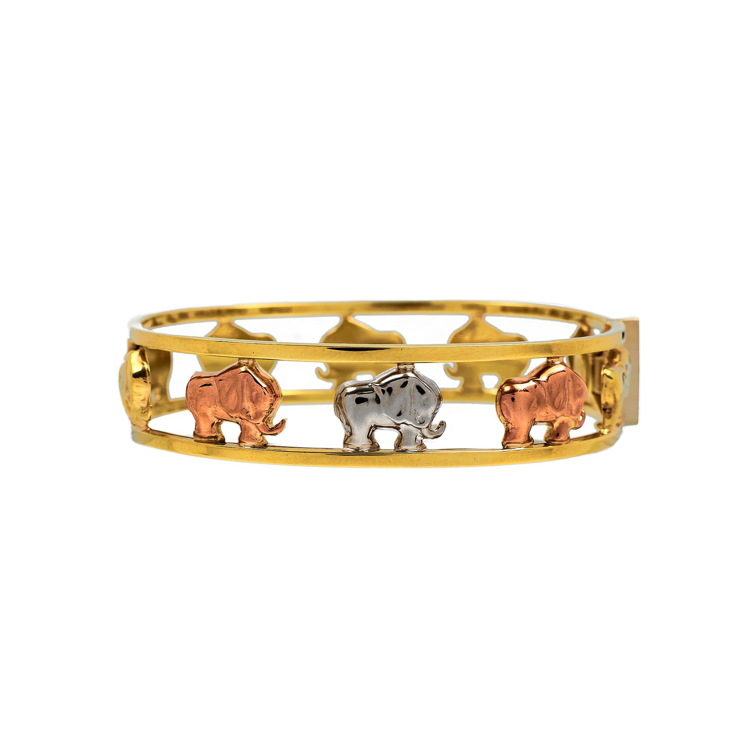 Pre-Owned 9ct Gold Tricolor Elephant Design Hinged Bangle