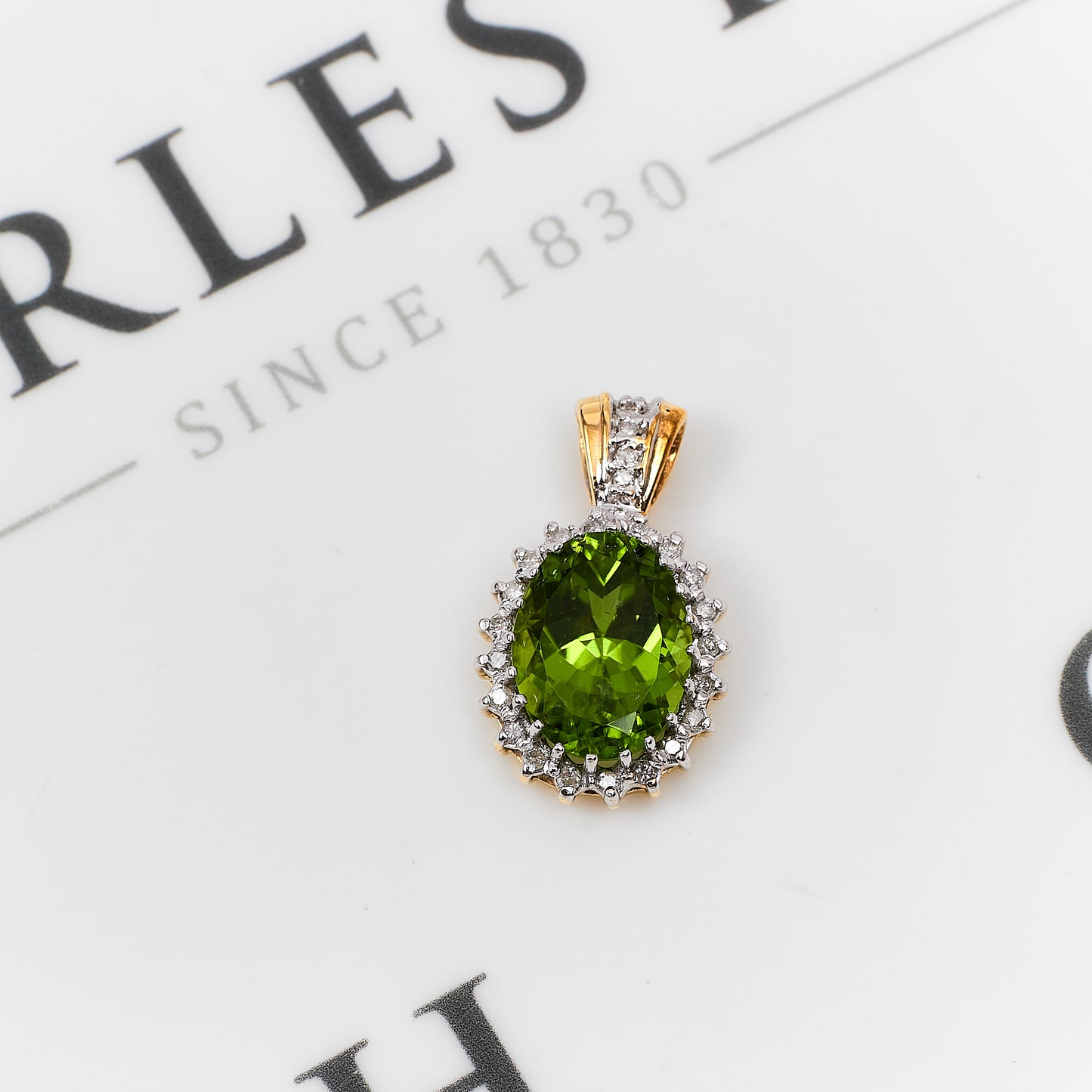 Pre-Owned 9ct Gold Oval Peridot & Diamond Cluster Pendant
