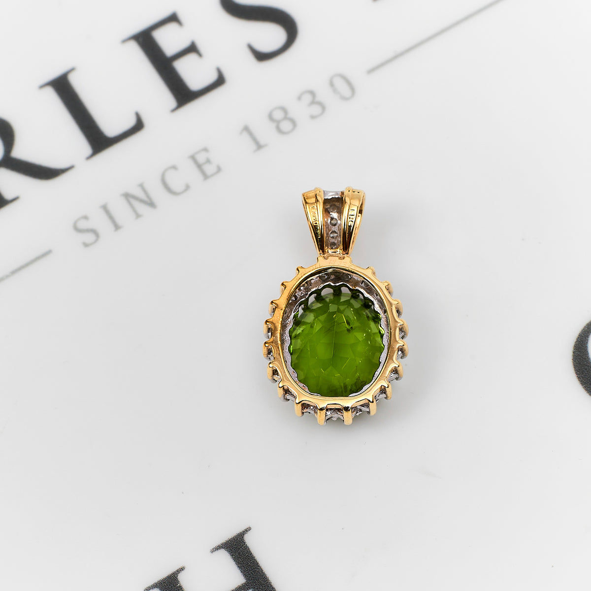 Pre-Owned 9ct Gold Oval Peridot & Diamond Cluster Pendant
