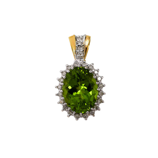 Pre-Owned 9ct Gold Oval Peridot & Diamond Cluster Pendant