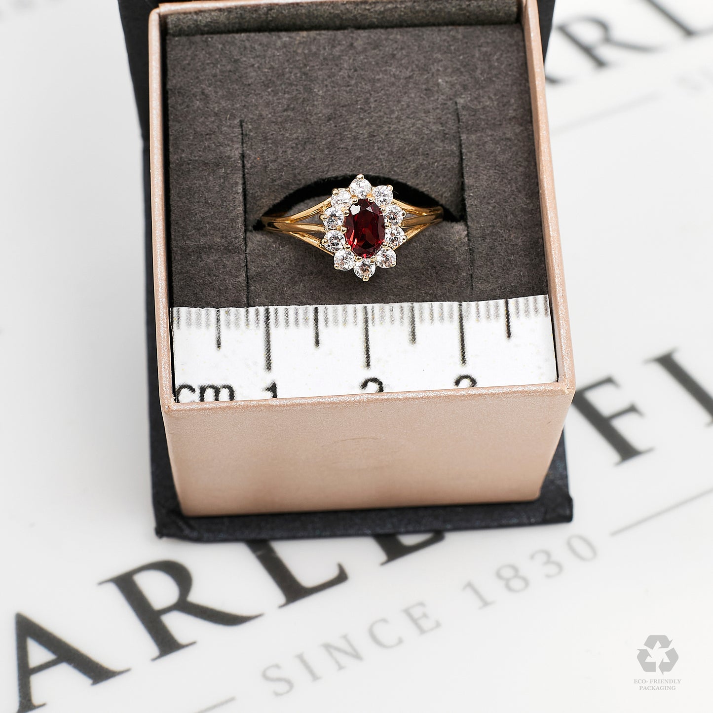 Pre-Owned 9ct Gold Oval Garnet & CZ Cluster Ring Size P
