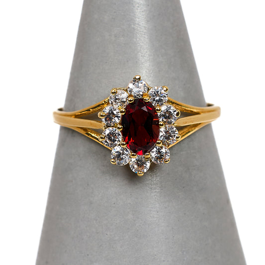 Pre-Owned 9ct Gold Oval Garnet & CZ Cluster Ring Size P