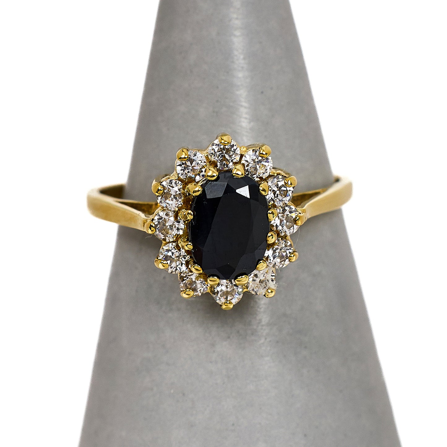Pre-Owned 9ct Gold Oval Sapphire & CZ Cluster Ring Size I.5