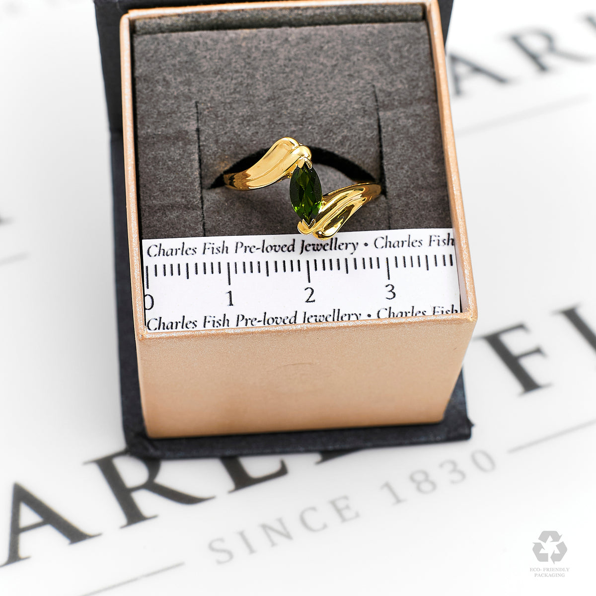 Pre-Owned 9ct Gold Marquise Cut Green Tourmaline Ring Size Q