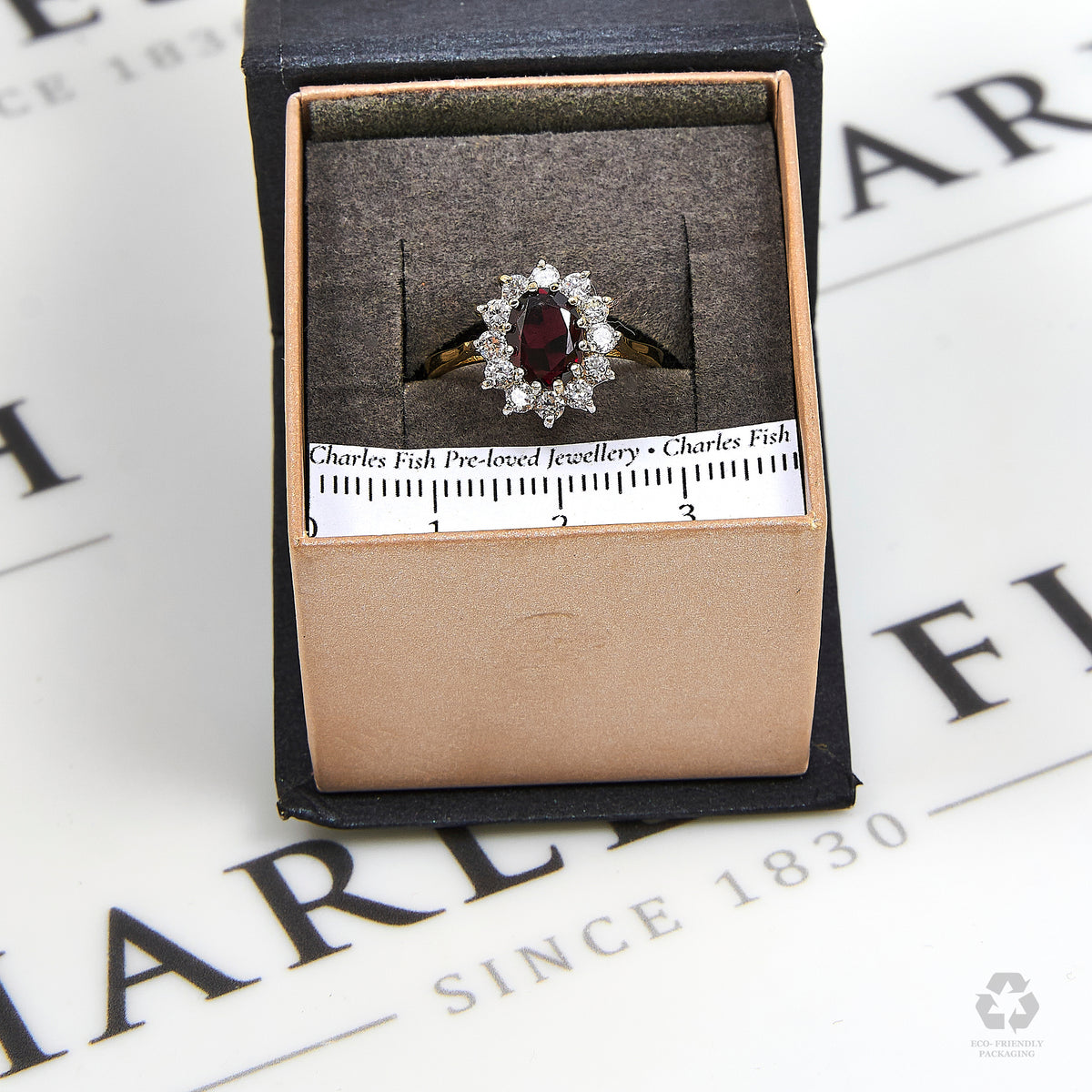 Pre-Owned 9ct Gold Oval Garnet & CZ Cluster Ring Size O