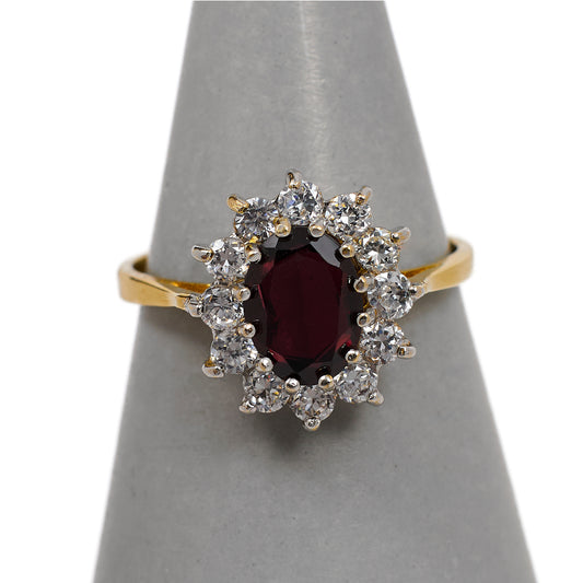 Pre-Owned 9ct Gold Oval Garnet & CZ Cluster Ring Size O
