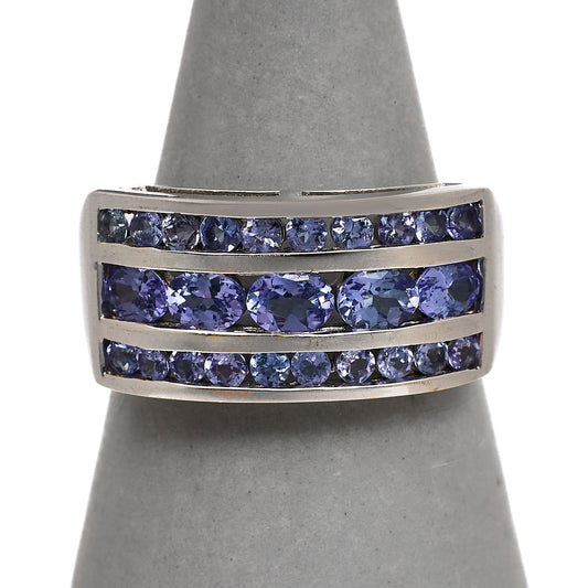 Pre-Owned 9ct White Gold 3 Row Tanzanite Ring Size O
