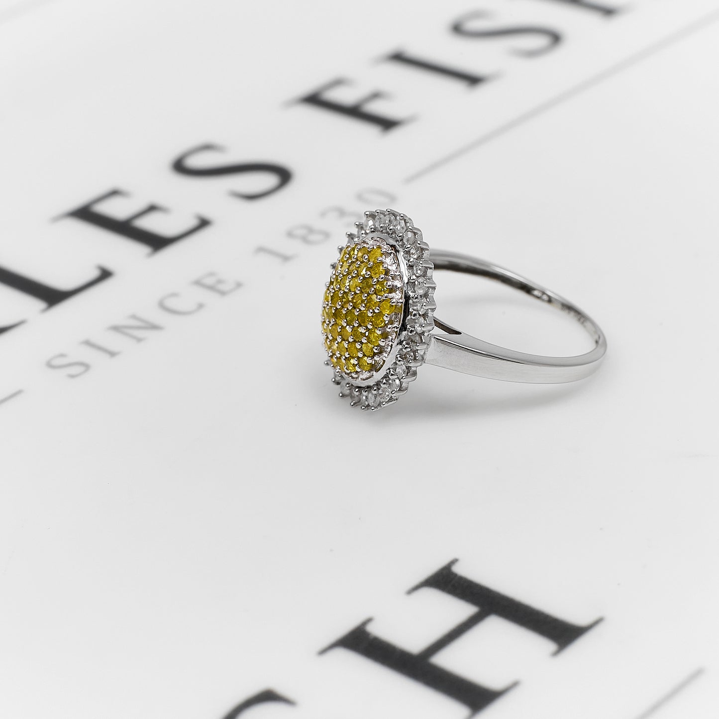 Pre-Owned 9ct White Gold Yellow & White Diamond Cluster Ring