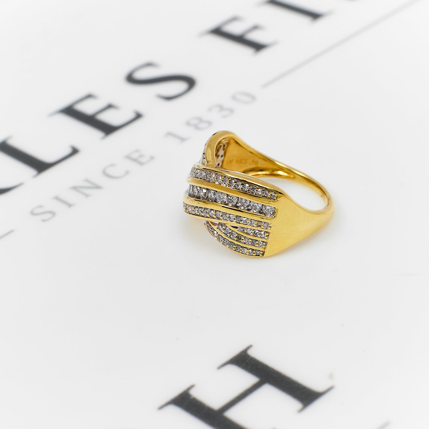 Pre-Owned 9ct Gold 3 Row Diamond Crossover Ring Size J