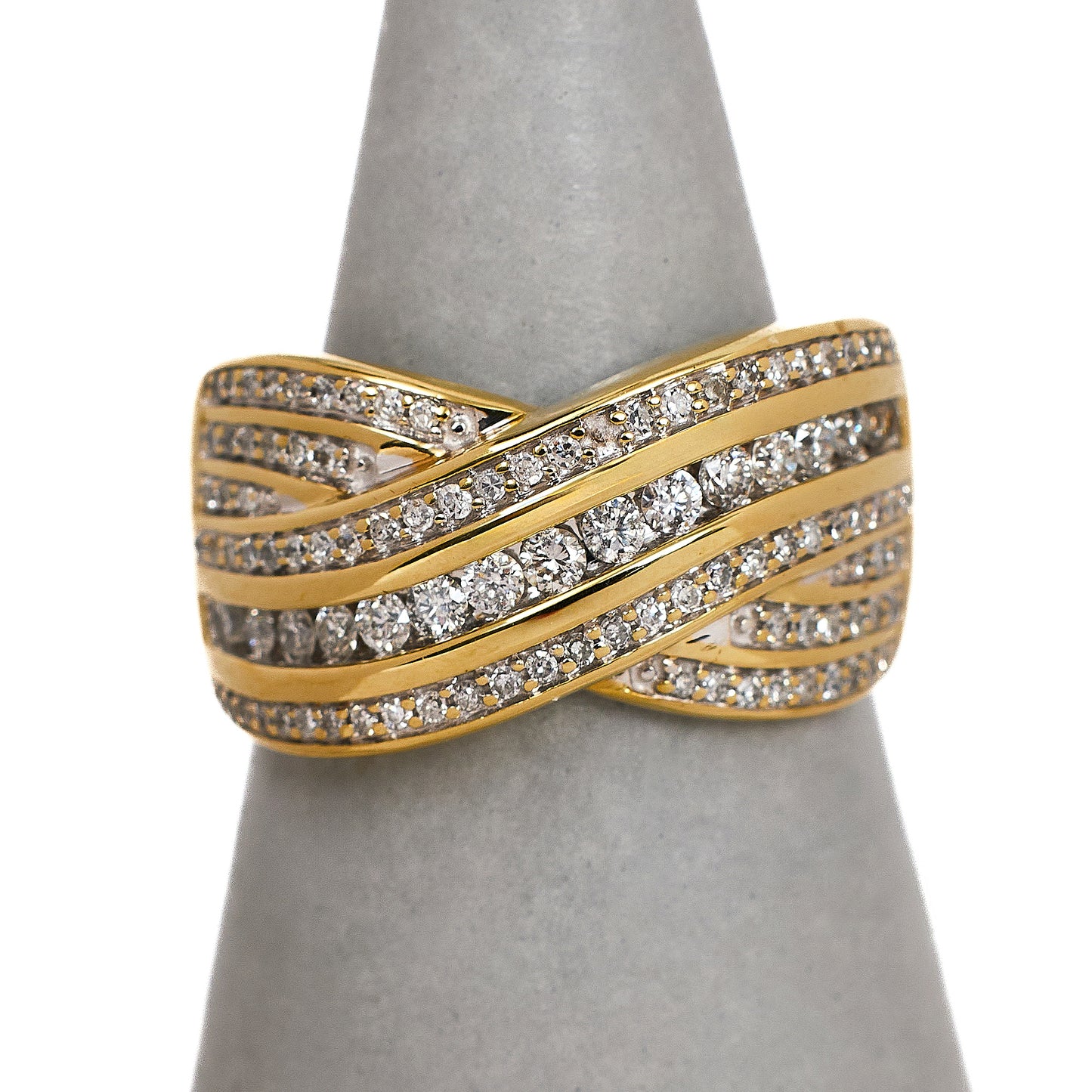 Pre-Owned 9ct Gold 3 Row Diamond Crossover Ring Size J