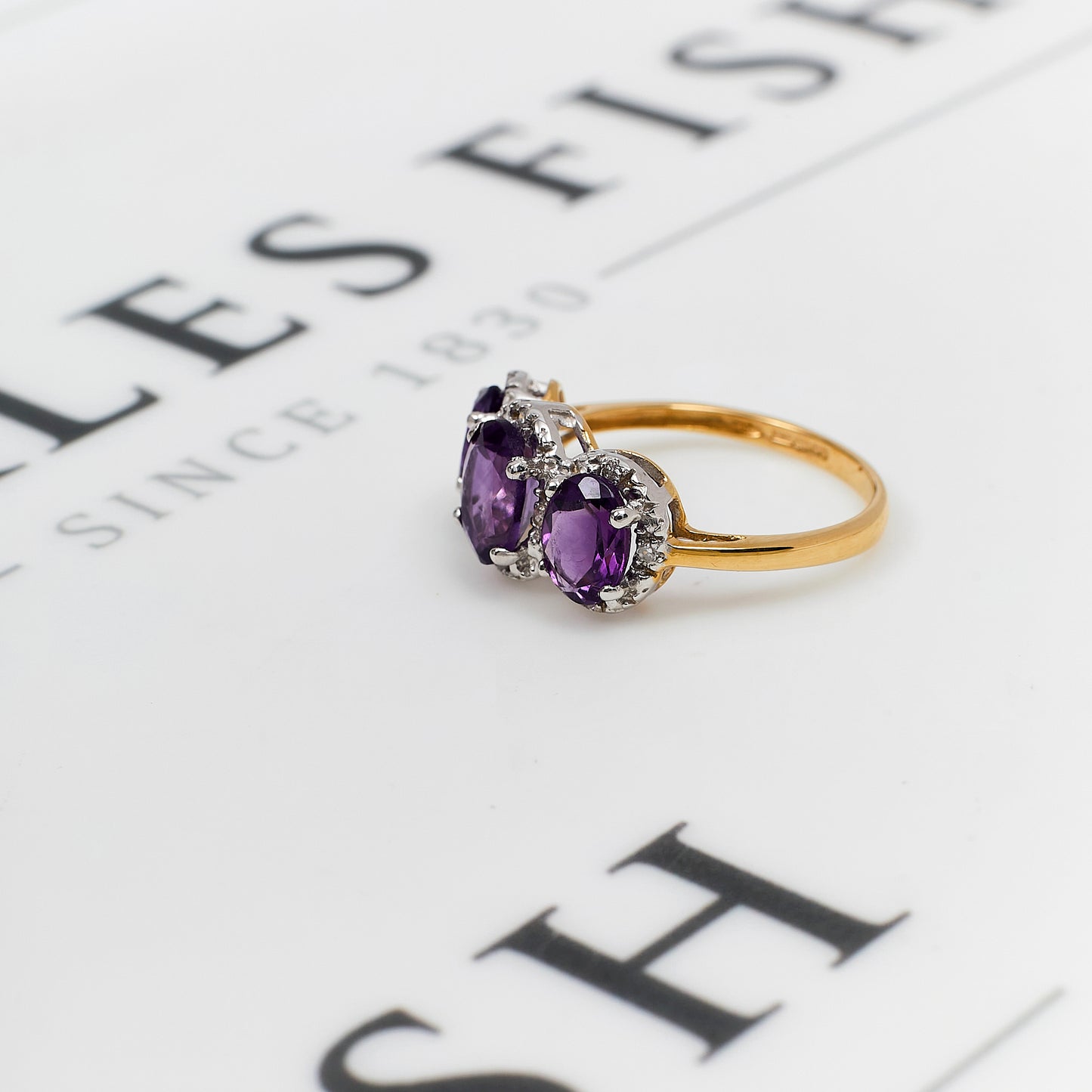 Pre-Owned 9ct Gold 3 Oval Amethyst & Diamond Cluster Ring