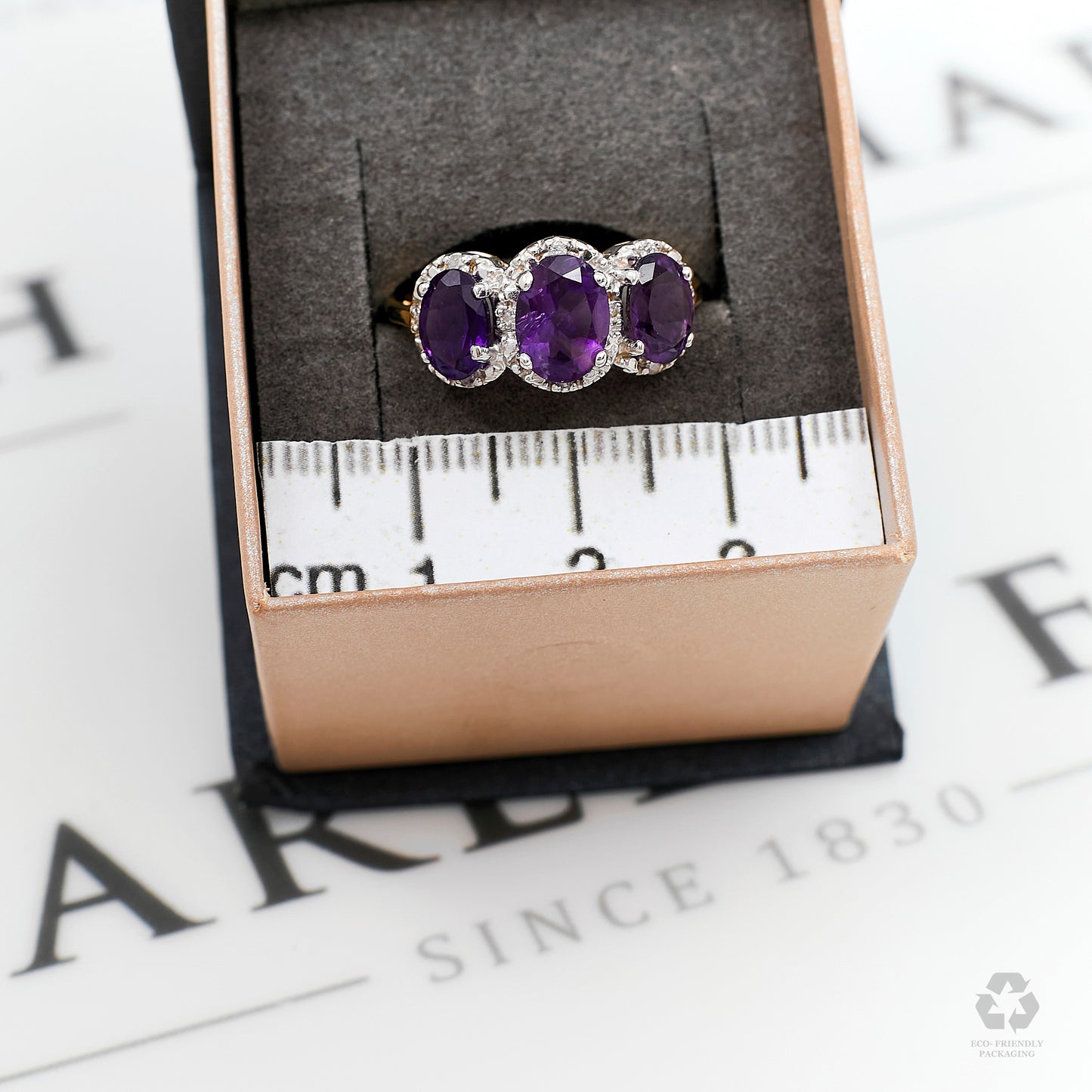 Pre-Owned 9ct Gold 3 Oval Amethyst & Diamond Cluster Ring