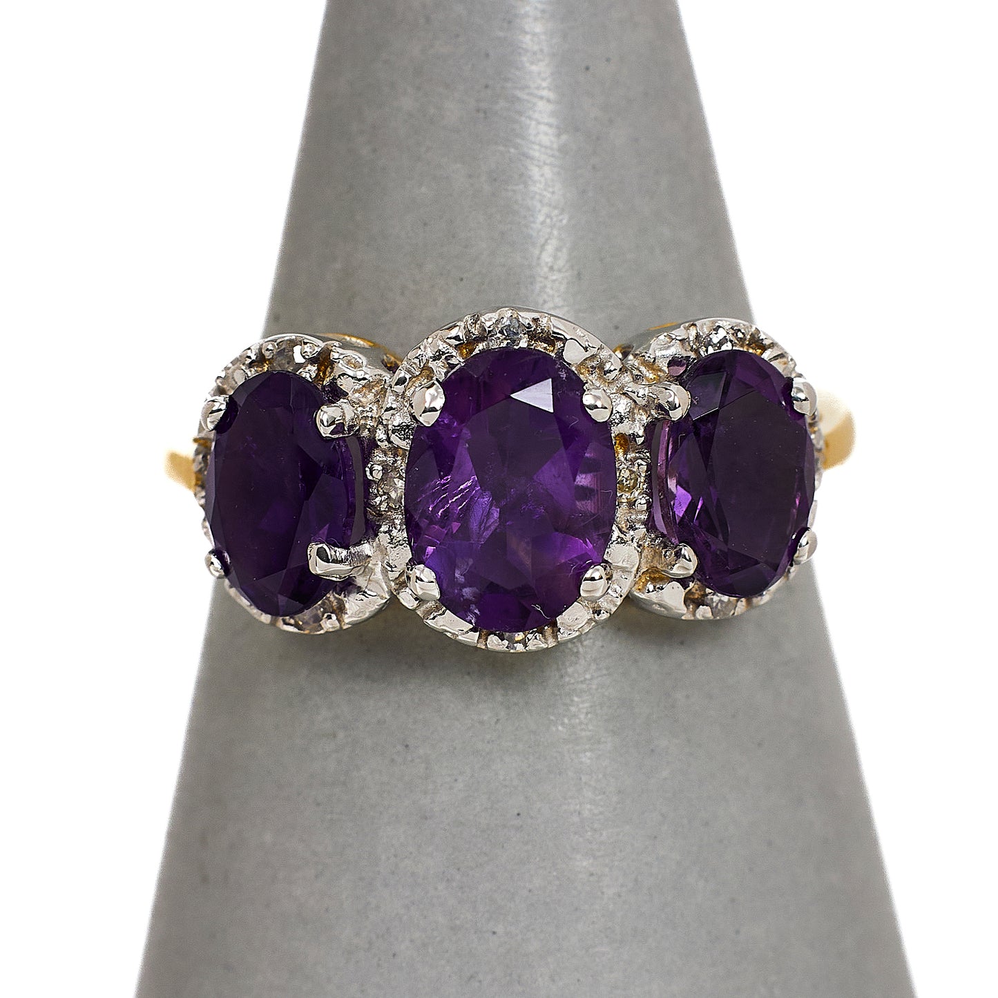Pre-Owned 9ct Gold 3 Oval Amethyst & Diamond Cluster Ring